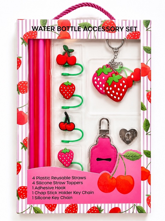 Mayim Other - Water Bottle Accessory Set Strawberry Cherry Reusable Straws -Toppers -Bag Charm